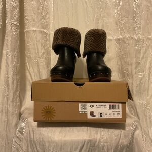 UGG Black Leather Cora Lynn Boots w/ Brown Fur Cuff or Mid-calf Boot Size 6 NIB